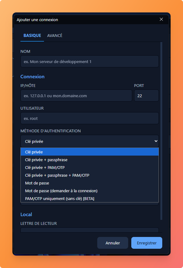Fenêtre d'ajout d'une connexion SSHFS-Win Manager Evo