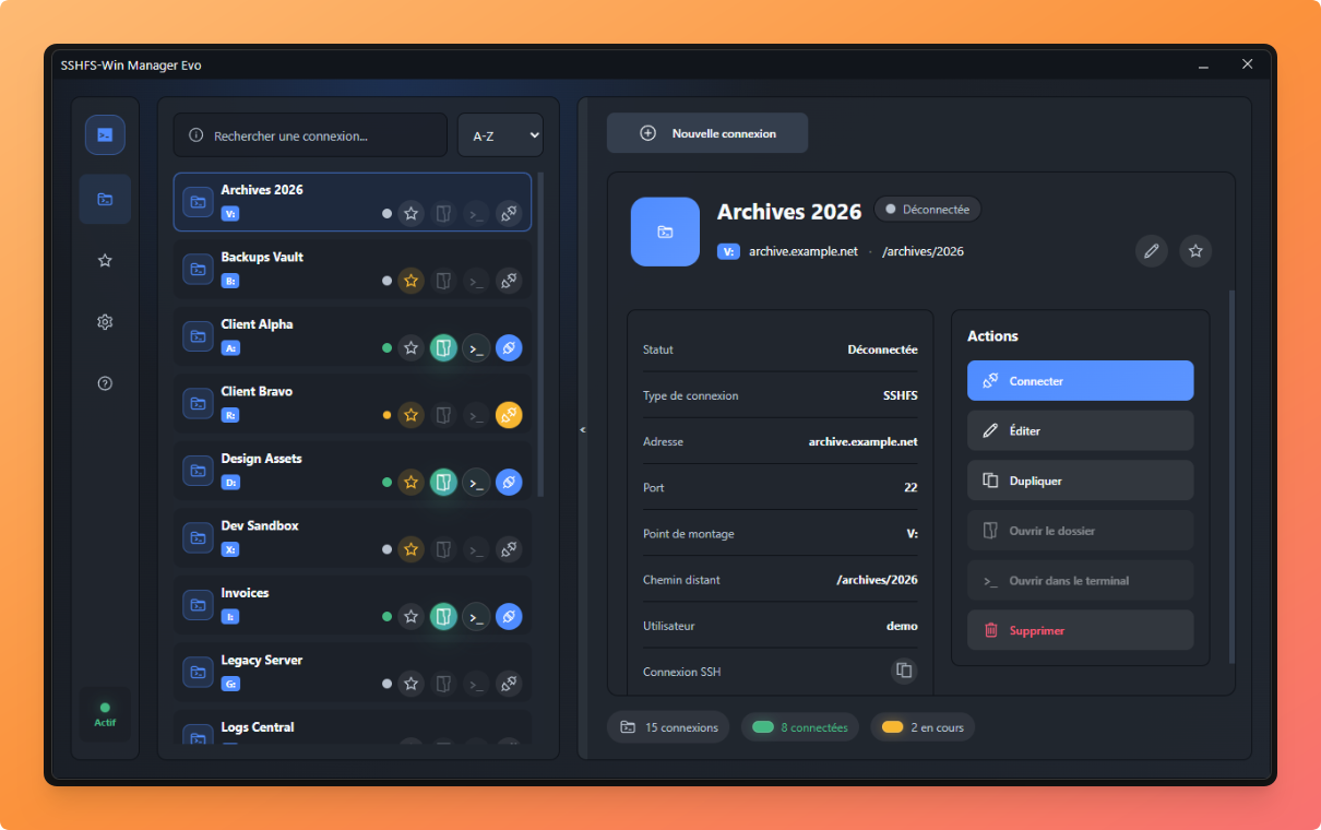 Interface principale de SSHFS Manager Evo